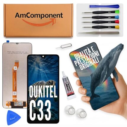 AmComponent - display di ricambio per OUKITEL C33 schermo LCD + vetro touch screen | Componente di ricambio con luminosità intensa e risposta al tocco reattiva