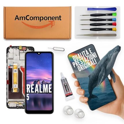 AmComponent - display di ricambio per REALME 5 RMX1911 RMX1919 schermo LCD + vetro touch screen + frame | Componente di ricambio con luminosità intensa e risposta al tocco reattiva