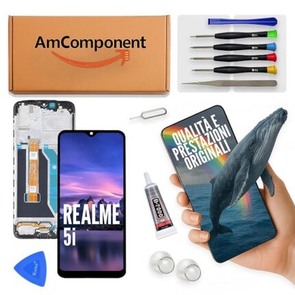 AmComponent - display di ricambio per REALME 5I RMX2030 RMX2032 schermo frame vetro LCD touch | Componente di ricambio con luminosità intensa e risposta al tocco reattiva