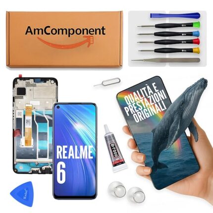 AmComponent - display di ricambio per REALME 6 RMX2001 schermo frame vetro LCD touch screen | Componente di ricambio con luminosità intensa e risposta al tocco reattiva