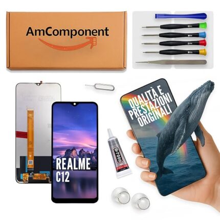 AmComponent - display di ricambio per REALME C12 RMX2189 schermo LCD + vetro touch screen MONITOR | Componente di ricambio con luminosità intensa e risposta al tocco reattiva