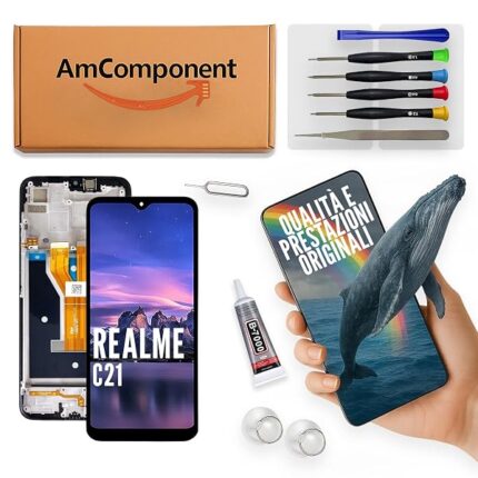 AmComponent - display di ricambio per REALME C21 RMX3201 LCD + schermo + frame vetro touch screen MONITOR | Componente di ricambio con luminosità intensa e risposta al tocco reattiva