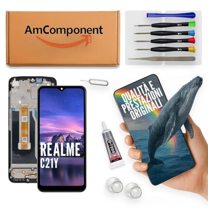 AmComponent - display di ricambio per REALME C21Y RMX3261 RMX3263 schermo LCD frame + vetro touch screen | Componente di ricambio con luminosità intensa e risposta al tocco reattiva