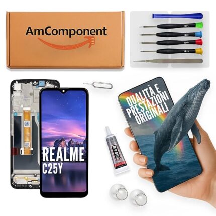 AmComponent - display di ricambio per REALME C25Y RMX3268 RMX3269 schermo frame LCD vetro touch screen | Componente di ricambio con luminosità intensa e risposta al tocco reattiva