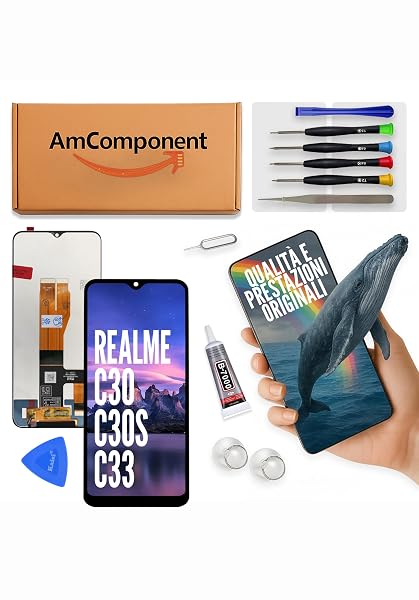 AmComponent - display di ricambio per REALME C30 RMX3581 C30S RMX3690 C33 RMX3624 RMX3627 schermo LCD touch screen vetro | Componente di ricambio con luminosità intensa e risposta al tocco reattiva
