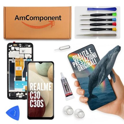 AmComponent - display di ricambio per REALME C30 RMX3581 / C30S RMX3690 schermo frame LCD touch vetro | Componente di ricambio con luminosità intensa e risposta al tocco reattiva