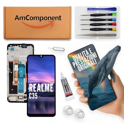 AmComponent - display di ricambio per REALME C35 RMX3511 schermo frame LCD + vetro touch screen | Componente di ricambio con luminosità intensa e risposta al tocco reattiva