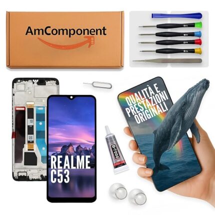 AmComponent - display di ricambio per REALME C53 RMX3760 RMX3762 schermo frame LCD vetro touch | Componente di ricambio con luminosità intensa e risposta al tocco reattiva