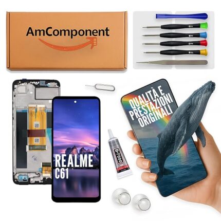 AmComponent - display di ricambio per REALME C61 RMX3933 RMX3939 schermo frame LCD vetro touch | Componente di ricambio con luminosità intensa e risposta al tocco reattiva