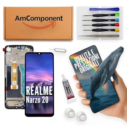 AmComponent - display di ricambio per REALME NARZO 20 schermo + frame vetro LCD touch screen MONITOR | Componente di ricambio con luminosità intensa e risposta al tocco reattiva
