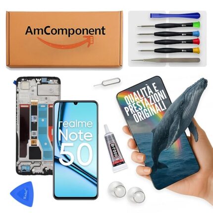 AmComponent - display di ricambio per REALME NOTE 50 RMX3834 schermo + frame vetro LCD touch | Componente di ricambio con luminosità intensa e risposta al tocco reattiva