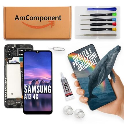 AmComponent - display di ricambio per SAMSUNG A13 4G SM-A135F A135F/DS A135 schermo LCD + vetro touch screen + frame | Componente di ricambio con luminosità intensa e risposta al tocco reattiva