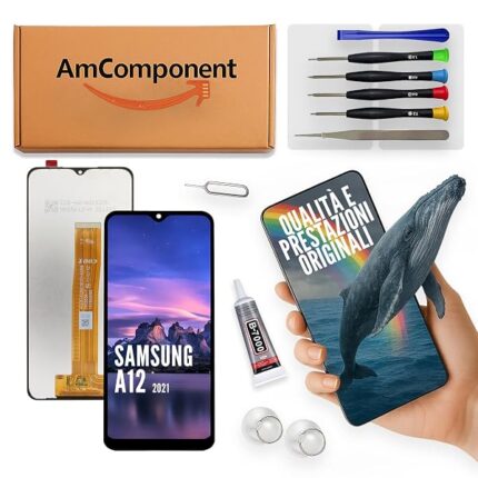 AmComponent - display di ricambio per SAMSUNG GALAXY A12 2021 SM-A127 LCD schermo touch screen vetro | Componente di ricambio con luminosità intensa e risposta al tocco reattiva