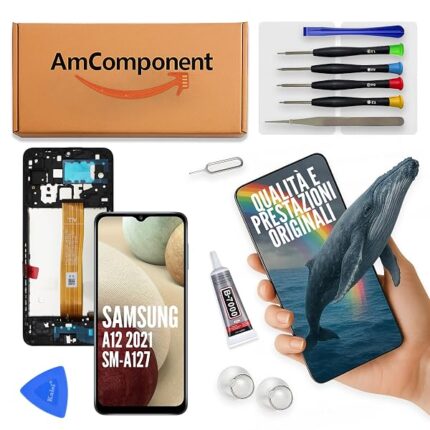 AmComponent - display di ricambio per SAMSUNG GALAXY A12 SM-A127 2021 LCD schermo frame touch screen vetro | Componente di ricambio con luminosità intensa e risposta al tocco reattiva
