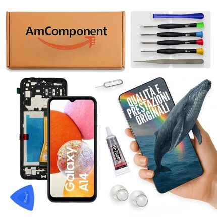 AmComponent - display di ricambio per SAMSUNG GALAXY A14 4G SM-A145 schermo frame LCD vetro | Componente di ricambio con luminosità intensa e risposta al tocco reattiva