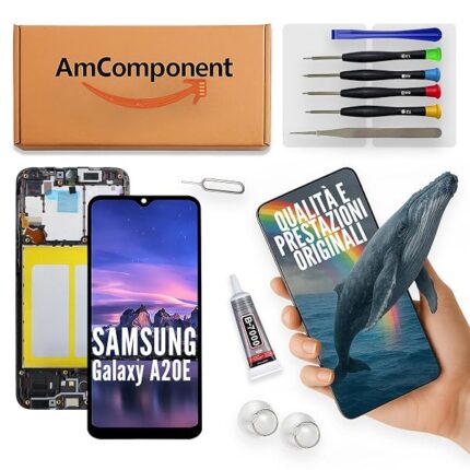 AmComponent - display di ricambio per SAMSUNG GALAXY A20E SM-A202 LCD schermo + frame vetro | Componente di ricambio con luminosità intensa e risposta al tocco reattiva