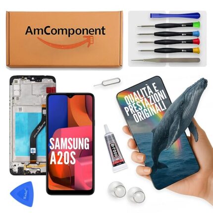 AmComponent - display di ricambio per SAMSUNG GALAXY A20S SM-A207 schermo LCD + vetro touch screen + frame | Componente di ricambio con luminosità intensa e risposta al tocco reattiva