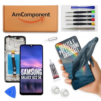 AmComponent - display di ricambio per SAMSUNG GALAXY A22 5G SM-A226 schermo LCD + vetro touch screen + frame | Componente di ricambio con luminosità intensa e risposta al tocco reattiva