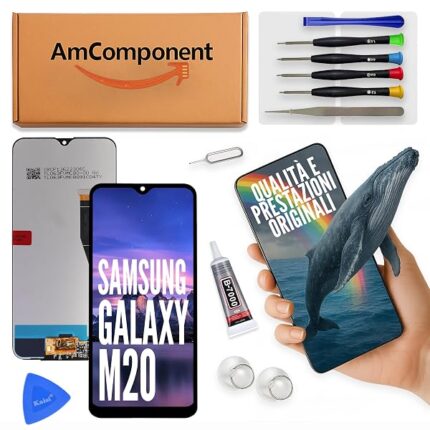 AmComponent - display di ricambio per SAMSUNG GALAXY M20 SM-M205F M205F schermo LCD touch screen vetro | Componente di ricambio con luminosità intensa e risposta al tocco reattiva