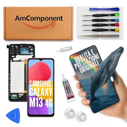 AmComponent - display di ricambio per SAMSUNG M13 4G SM-M135 schermo frame LCD vetro touch | Componente di ricambio con luminosità intensa e risposta al tocco reattiva