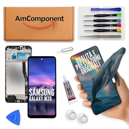 AmComponent - display di ricambio per SAMSUNG M20 SM-M205 schermo frame LCD touch screen vetro | Componente di ricambio con luminosità intensa e risposta al tocco reattiva