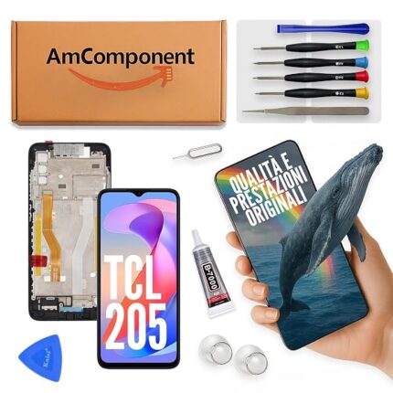 AmComponent - display di ricambio per TCL 205 4187D schermo LCD + frame touch screen vetro | Componente di ricambio con luminosità intensa e risposta al tocco reattiva