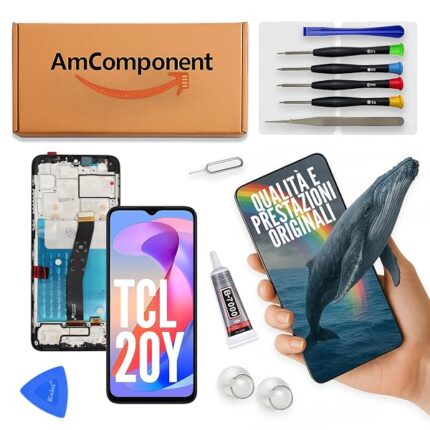 AmComponent - display di ricambio per TCL 20Y 6125 6156 schermo + frame vetro touch screen LCD | Componente di ricambio con luminosità intensa e risposta al tocco reattiva