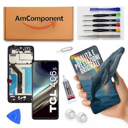 AmComponent - display di ricambio per TCL 406S T506G schermo LCD + vetro touch screen COMPLETO di frame | Componente di ricambio con luminosità intensa e risposta al tocco reattiva