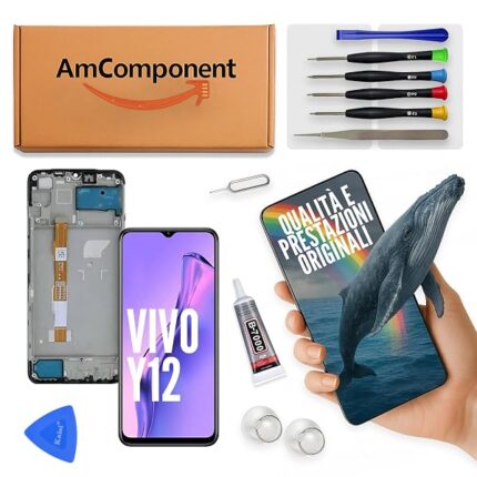 AmComponent - display di ricambio per VIVO Y12 schermo LCD + vetro touch screen COMPLETO di frame | Componente di ricambio con luminosità intensa e risposta al tocco reattiva