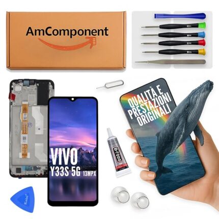 AmComponent - display di ricambio per VIVO Y33S 5G V2109 13MPX schermo LCD vetro touch screen frame ricambio | Componente di ricambio con luminosità intensa e risposta al tocco reattiva