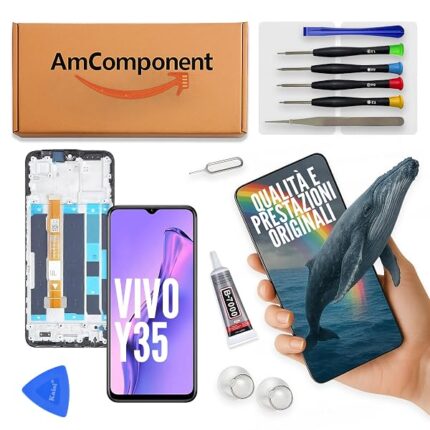 AmComponent - display di ricambio per VIVO Y35 V2205 schermo LCD + vetro touch screen COMPLETO di frame | Componente di ricambio con luminosità intensa e risposta al tocco reattiva