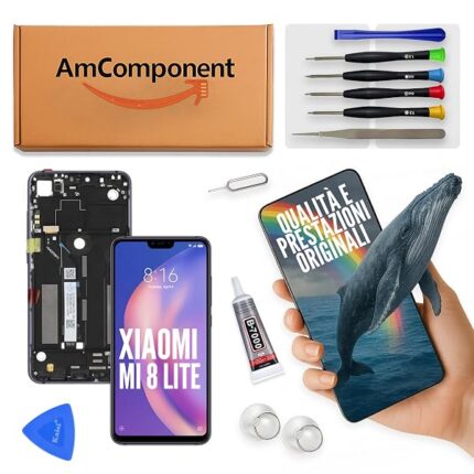 AmComponent - display di ricambio per XIAOMI MI 8 LITE M1808D2TG schermo LCD + vetro touch screen + frame nero | Componente di ricambio con luminosità intensa e risposta al tocco reattiva