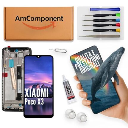 AmComponent - display di ricambio per XIAOMI POCO X3 M2007J20CG M2007J20CI schermo LCD touch screen frame nero | Componente di ricambio con luminosità intensa e risposta al tocco reattiva