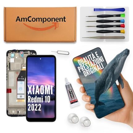 AmComponent - display di ricambio per XIAOMI REDMI 10 2022 22011119UY 21121119SG schermo frame LCD vetro touch | Componente di ricambio con luminosità intensa e risposta al tocco reattiva