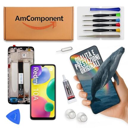AmComponent - display di ricambio per XIAOMI REDMI 10A 220233L2 G C i schermo frame LCD vetro touch screen | Componente di ricambio con luminosità intensa e risposta al tocco reattiva