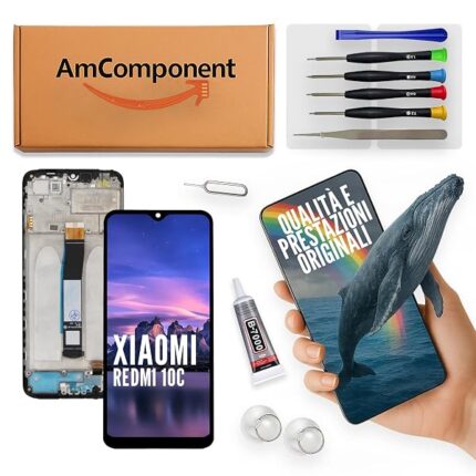 AmComponent - display di ricambio per XIAOMI REDMI 10C 220333QAG 220333QBI 220333QNY schermo + frame LCD touch vetro | Componente di ricambio con luminosità intensa e risposta al tocco reattiva