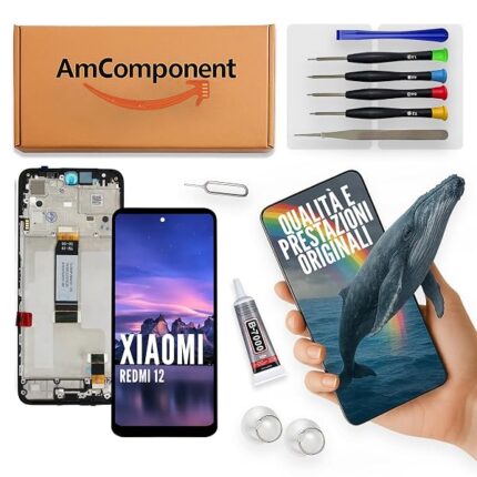AmComponent - display di ricambio per XIAOMI REDMI 12 23053RN02A Y L I 23077RABDC 8DY schermo frame LCD vetro touch screen | Componente di ricambio con luminosità intensa e risposta al tocco reattiva