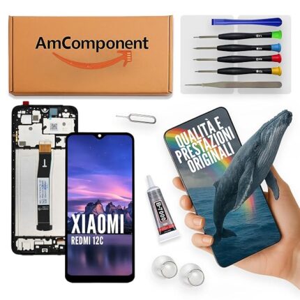 AmComponent - display di ricambio per XIAOMI REDMI 12C 22120RN86 22126RN91Y 22120RN86I schermo + frame LCD vetro touch | Componente di ricambio con luminosità intensa e risposta al tocco reattiva