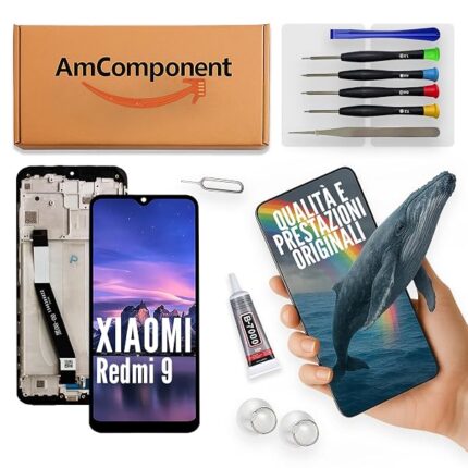 AmComponent - display di ricambio per XIAOMI REDMI 9 M2004J19AG M2004J19G LCD schermo frame | Componente di ricambio con luminosità intensa e risposta al tocco reattiva
