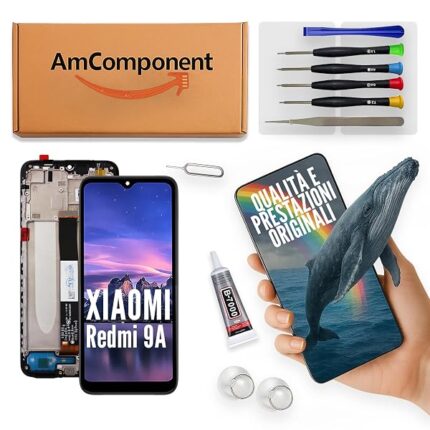 AmComponent - display di ricambio per XIAOMI REDMI 9A M2006C3LG MI schermo LCD + vetro touch screen + frame | Componente di ricambio con luminosità intensa e risposta al tocco reattiva