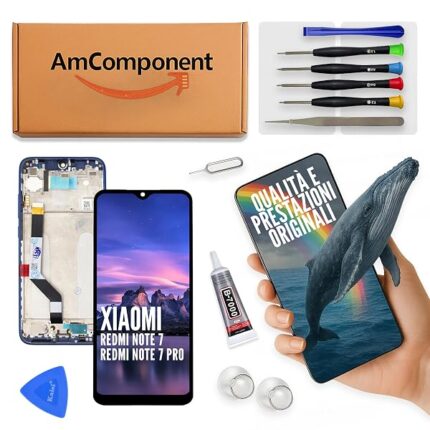 AmComponent - display di ricambio per XIAOMI REDMI NOTE 7 /PRO M1901F7G H GB schermo LCD vetro touch frame blu | Componente di ricambio con luminosità intensa e risposta al tocco reattiva