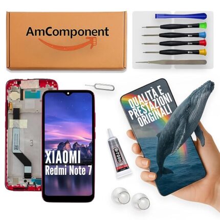 AmComponent - display di ricambio per XIAOMI REDMI NOTE 7 / REDMI NOTE 7 PRO schermo LCD touch vetro frame rosso | Componente di ricambio con luminosità intensa e risposta al tocco reattiva