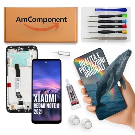 AmComponent - display di ricambio per XIAOMI REDMI NOTE 8 (2021) M1908C3JGG schermo frame nero LCD vetro touch | Componente di ricambio con luminosità intensa e risposta al tocco reattiva