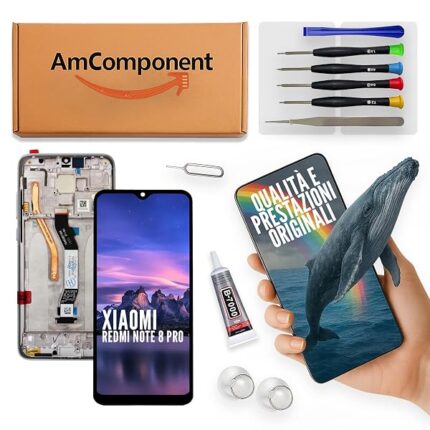 AmComponent - display di ricambio per XIAOMI REDMI NOTE 8 PRO M1906G7G schermo LCD vetro touch frame silver cromo | Componente di ricambio con luminosità intensa e risposta al tocco reattiva
