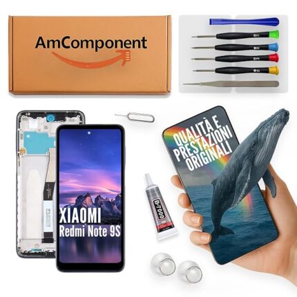 AmComponent - display di ricambio per XIAOMI REDMI NOTE 9S M2003J6A1G schermo LCD vetro frame silver grigio | Componente di ricambio con luminosità intensa e risposta al tocco reattiva