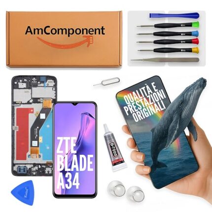 AmComponent - display di ricambio per ZTE BLADE A34 schermo LCD + vetro touch screen COMPLETO di frame | Componente di ricambio con luminosità intensa e risposta al tocco reattiva