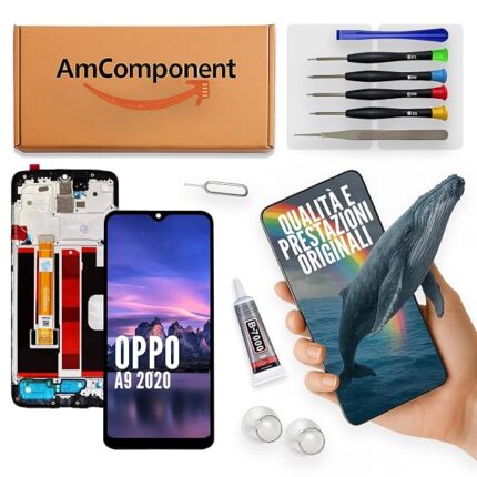 AmComponent - display + frame di ricambio per OPPO A9 2020 CPH1937 CPH1939 CPH1941 schermo LCD touch vetro | Componente di ricambio con luminosità intensa e risposta al tocco reattiva